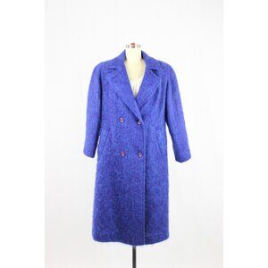 Vintage 70's ANNA Blue Bardolino Mohair Wool Long Peacoat Overcoat Coat, Size XL